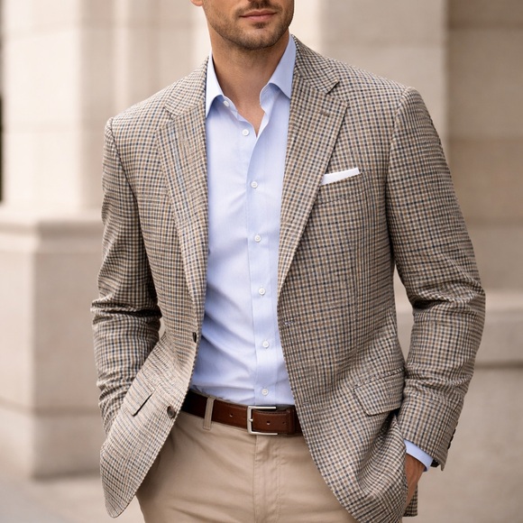 Peter Millar Cashmere Silk Sport Coat Blazer 44R Made in Canada Brown Blue Check